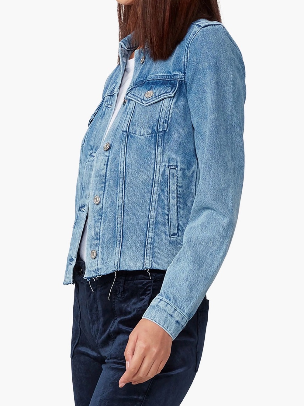 PAIGE Light Blue Denim Rowan Jacket with Raw Hem pearl blue Sz XS - Picture 3 of 10